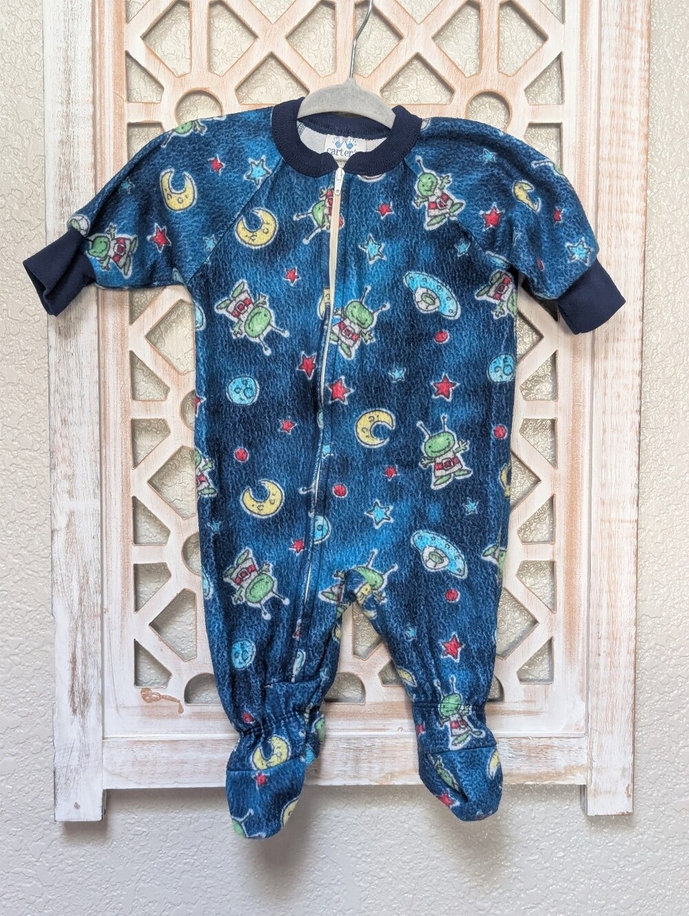 Vtg 90s Carter's baby boy 0-6 mos fleece blue pajamas outer space aliens stars